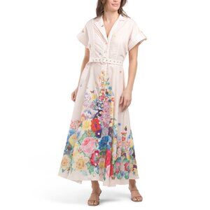DALIA MACPHEE Ivory Multi Short Sleeve Cascading Floral Maxi Dress With Belt